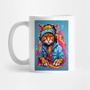 Handsome orange cat dj wearing headphones. Mug